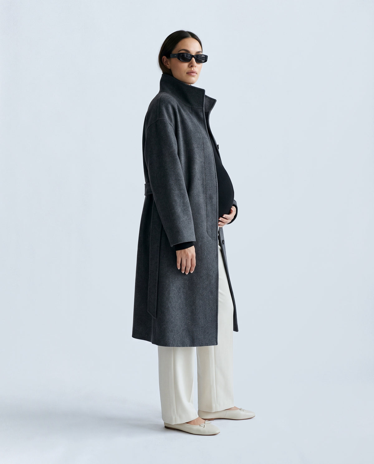 The Belted Stand-Collar Coat in Charcoal, side view