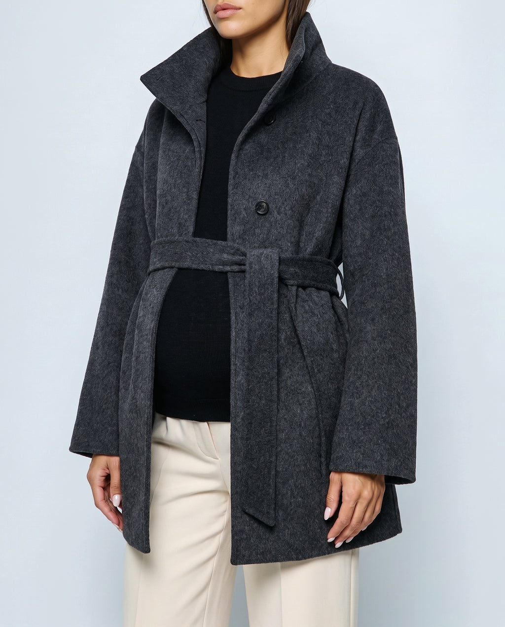 The Belted Stand-Collar Coat in Charcoal, fabric detail