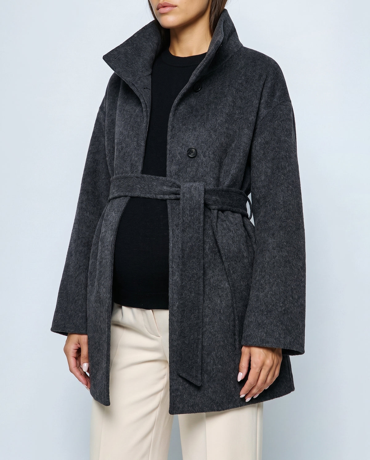The Belted Stand-Collar Coat in Charcoal, fabric detail