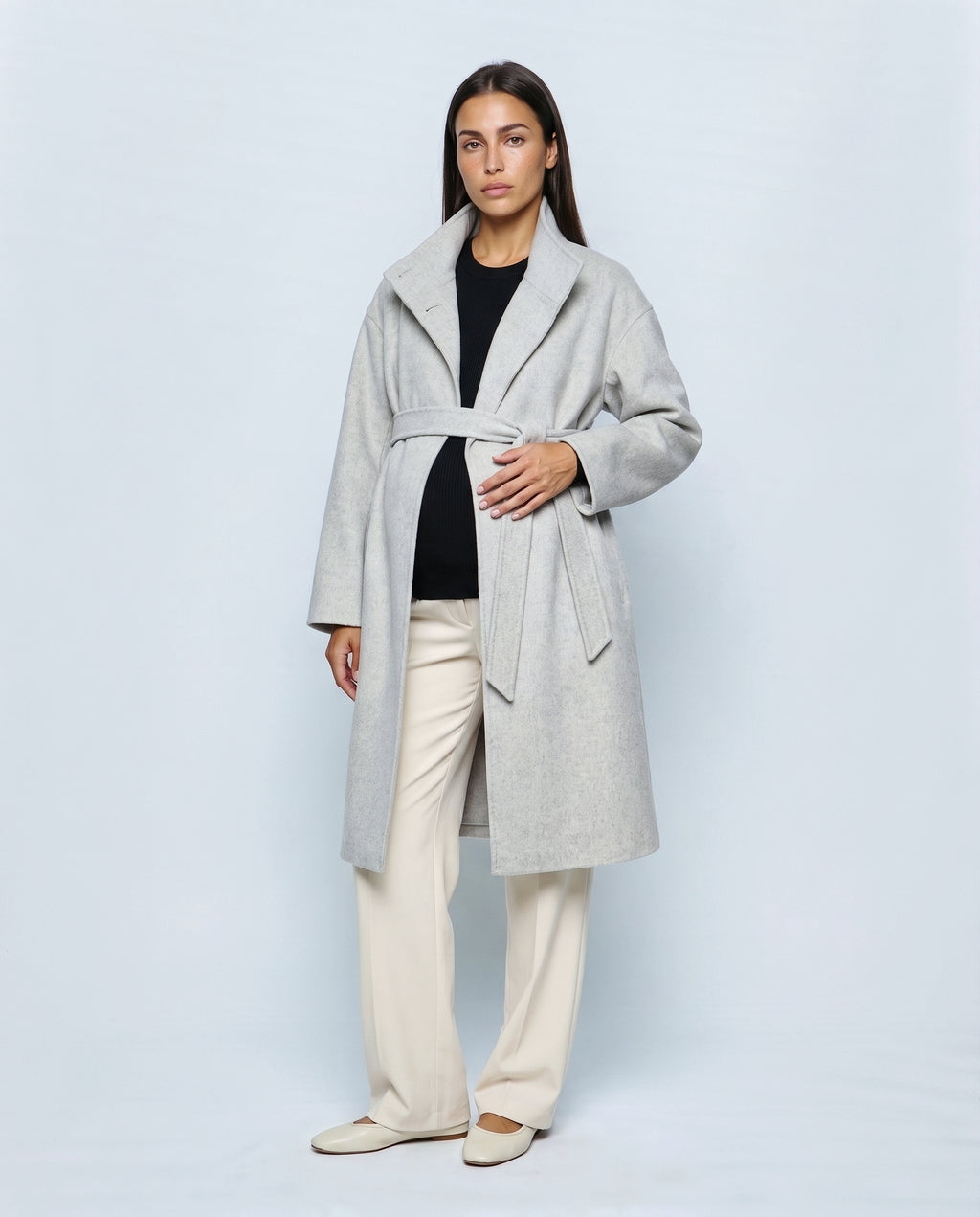 The Belted Stand-Collar Coat in Pale grey, front view