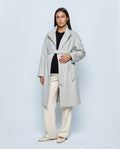 The Belted Stand-Collar Coat in Pale grey, front view