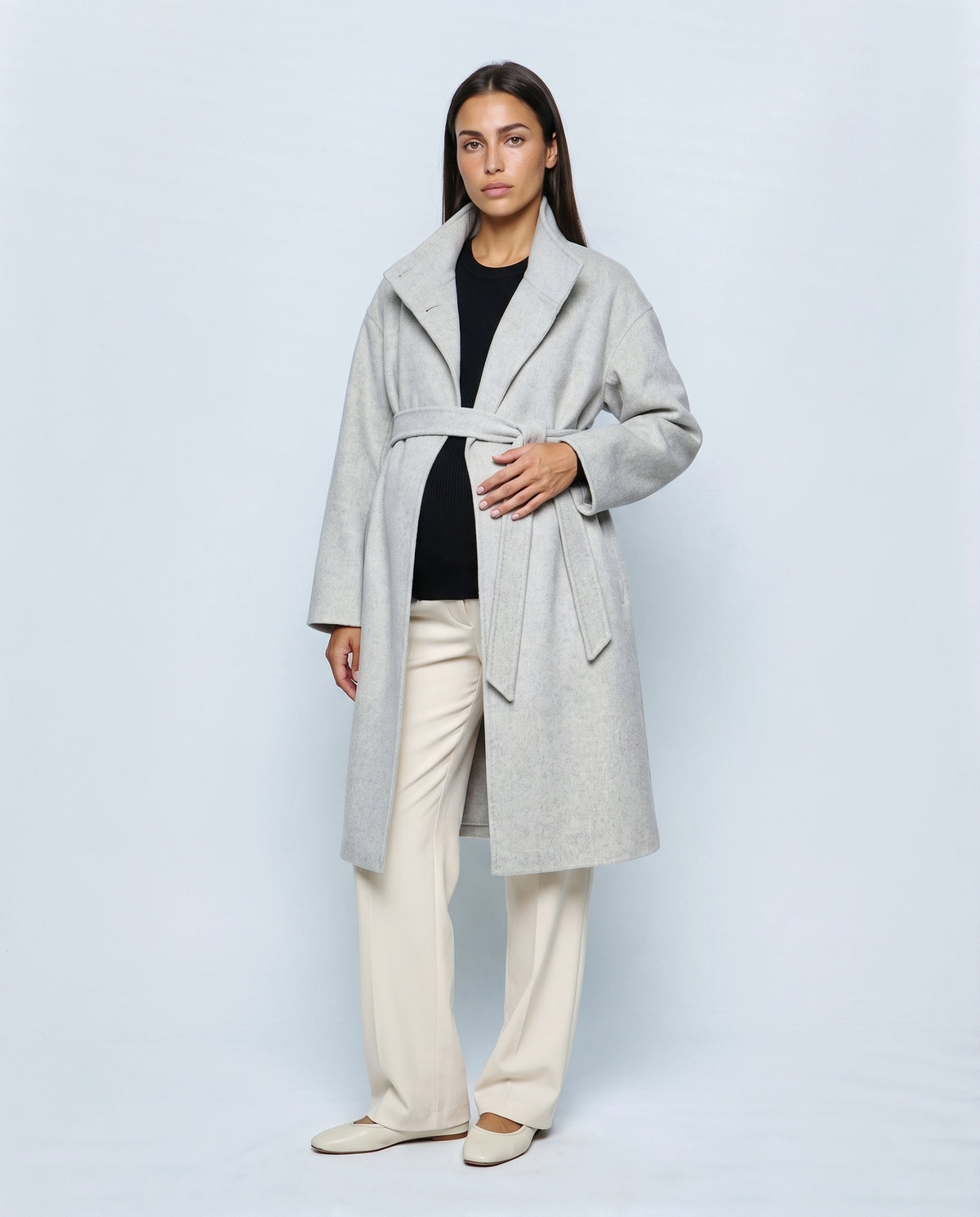 The Belted Stand-Collar Coat in Pale grey, front view