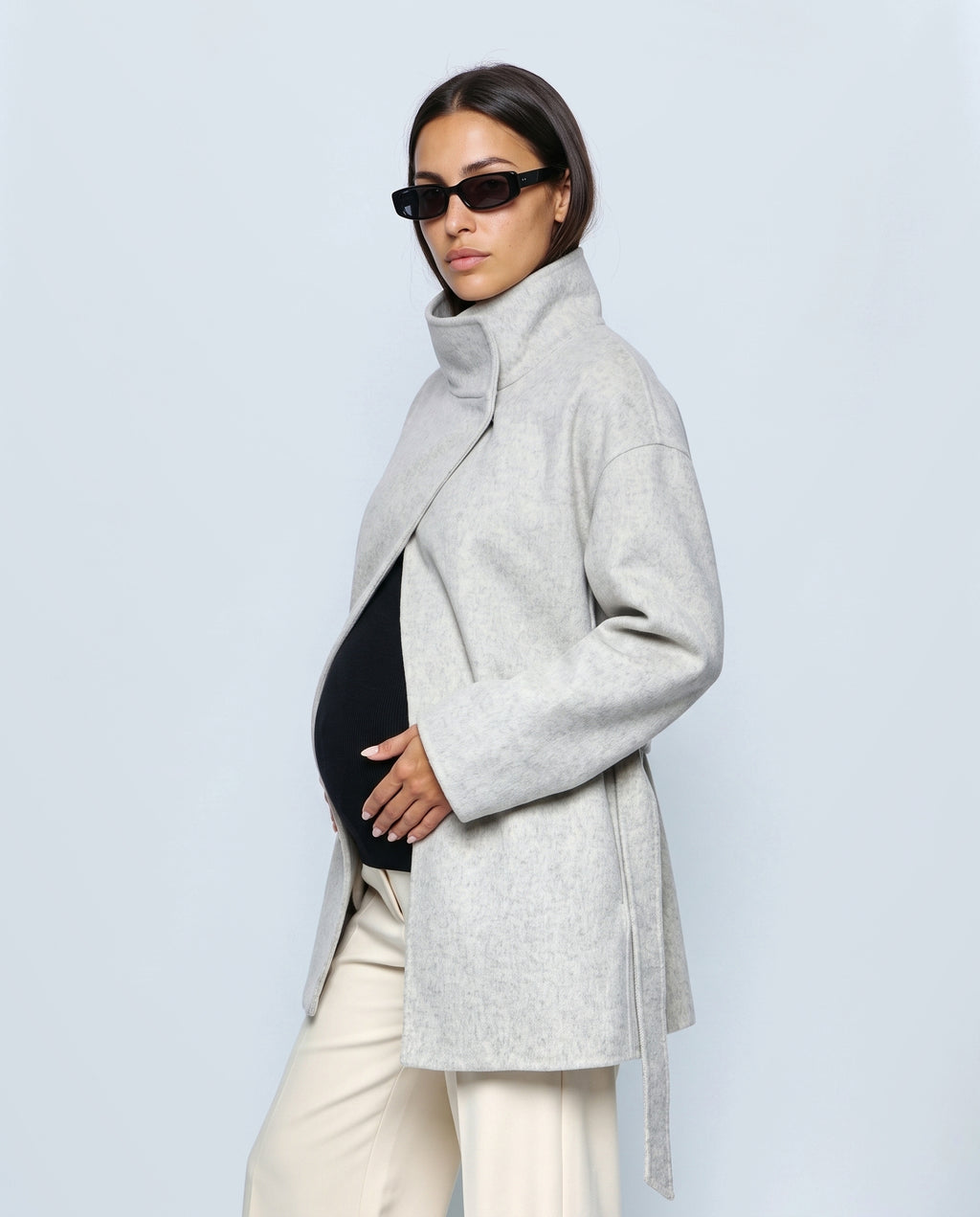 The Belted Stand-Collar Coat in Pale grey, side view