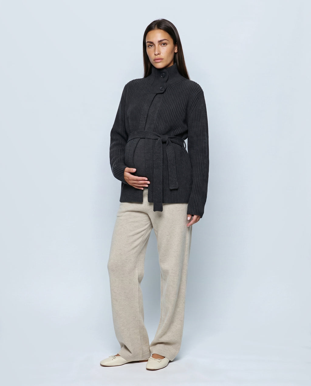 The Belted High-Neck Cardigan in Black, front view