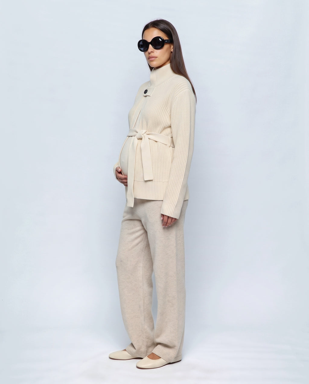 The Belted High-Neck Cardigan in Cream, side view
