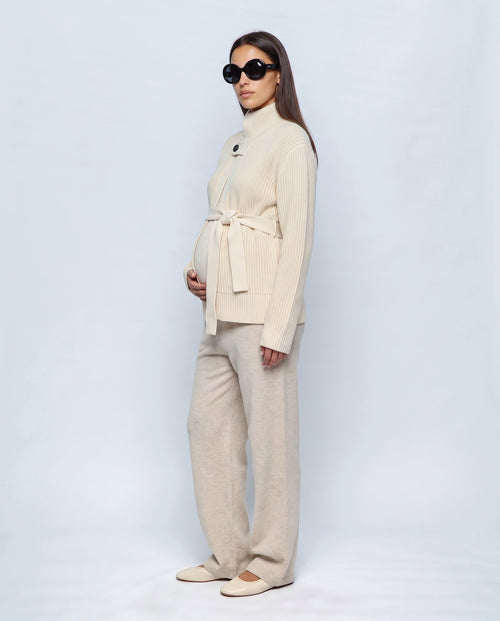 The Belted High-Neck Cardigan in Cream, side view