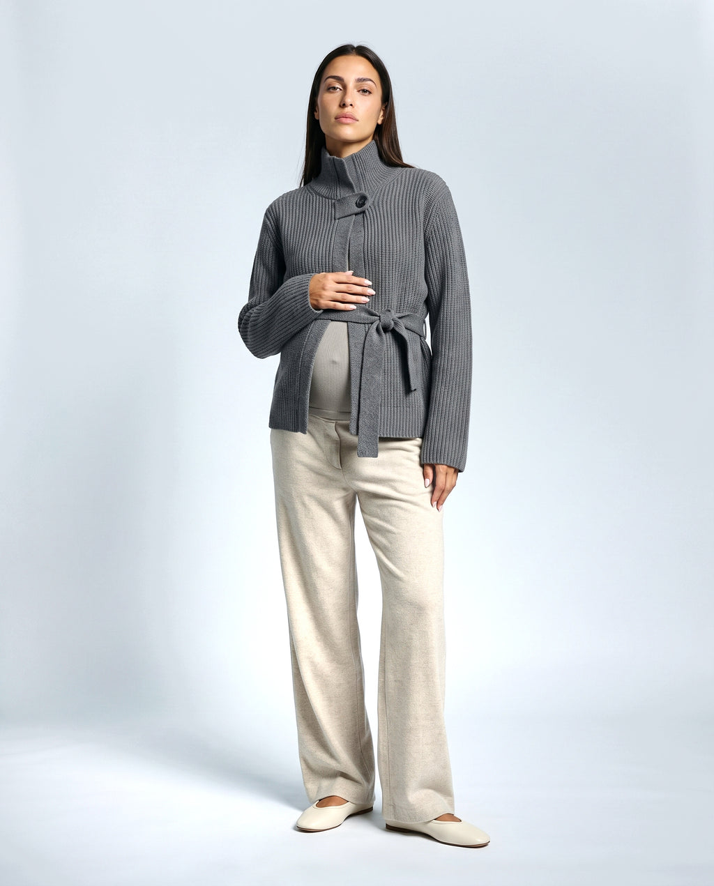 The Belted High-Neck Cardigan in Grey, front view