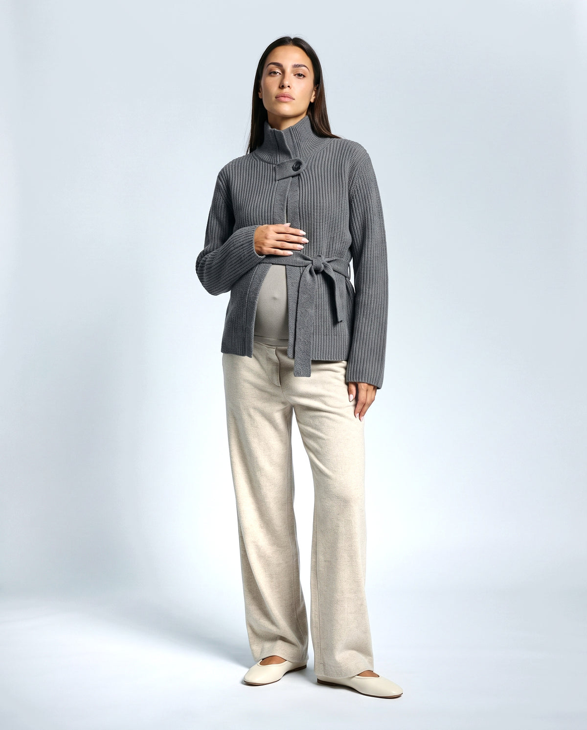 The Belted High-Neck Cardigan in Grey, front view