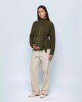 The Belted High-Neck Cardigan in Olive, front view
