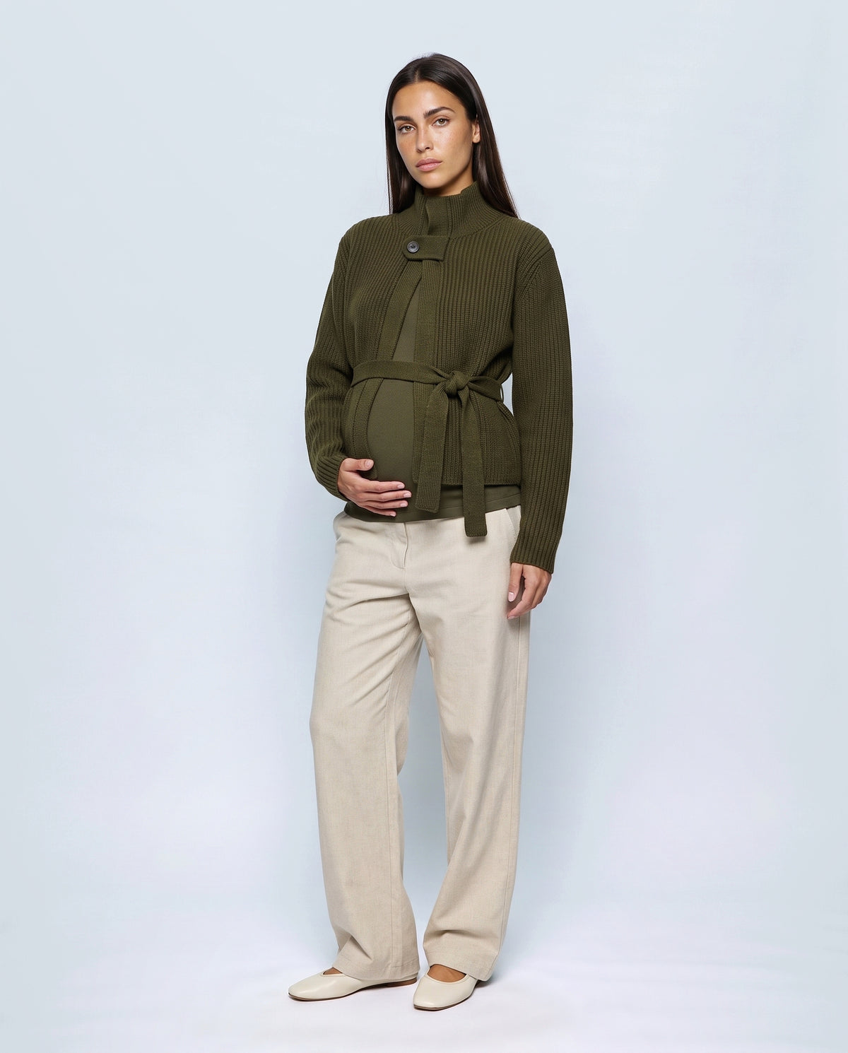 The Belted High-Neck Cardigan in Olive, front view