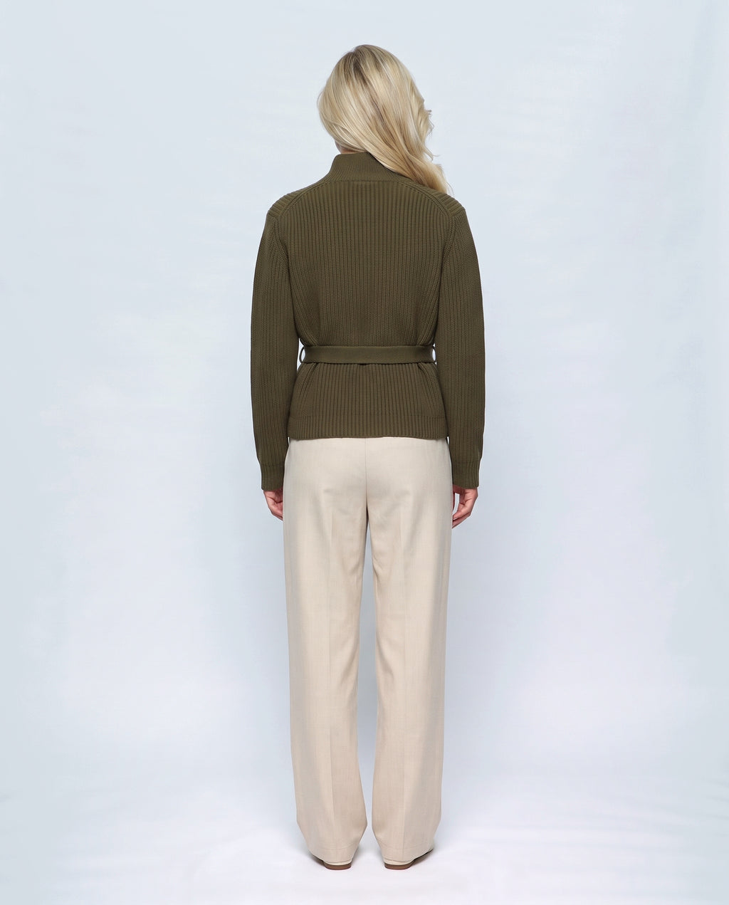 The Belted High-Neck Cardigan in Olive, back view on a non-pregnant model