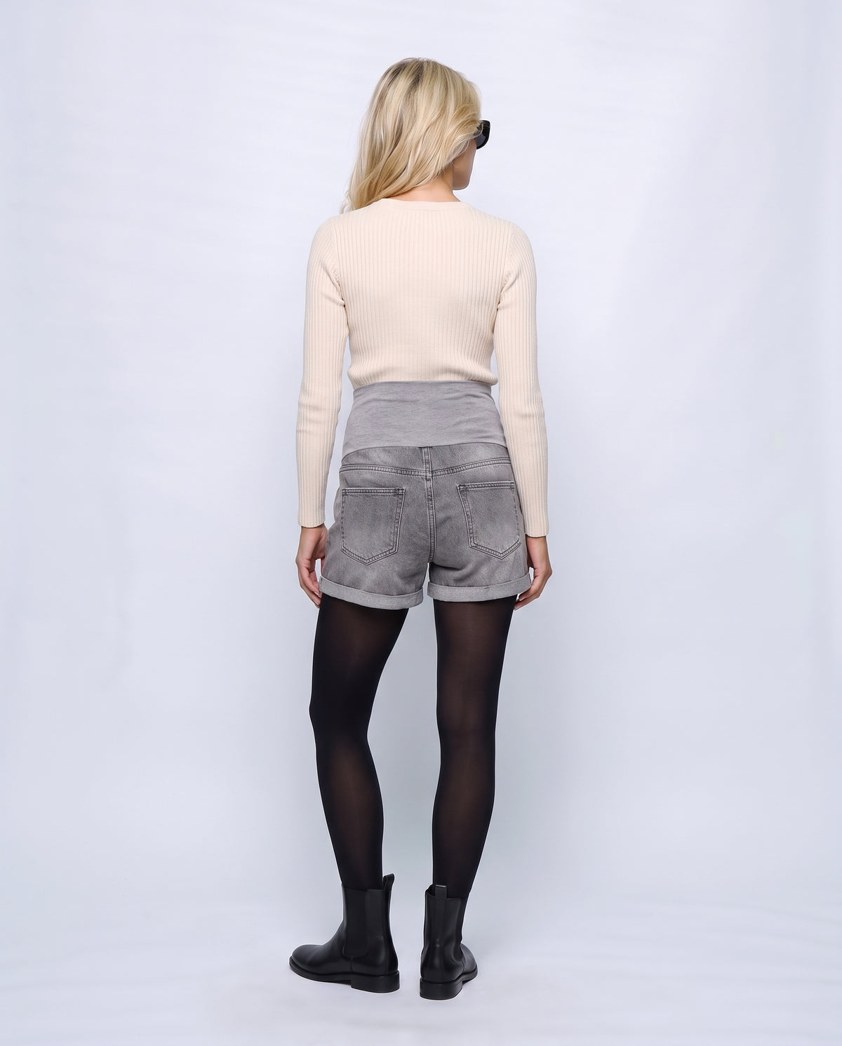 The Everyday Maternity Denim Shorts in Grey denim, back view on a non-pregnant model