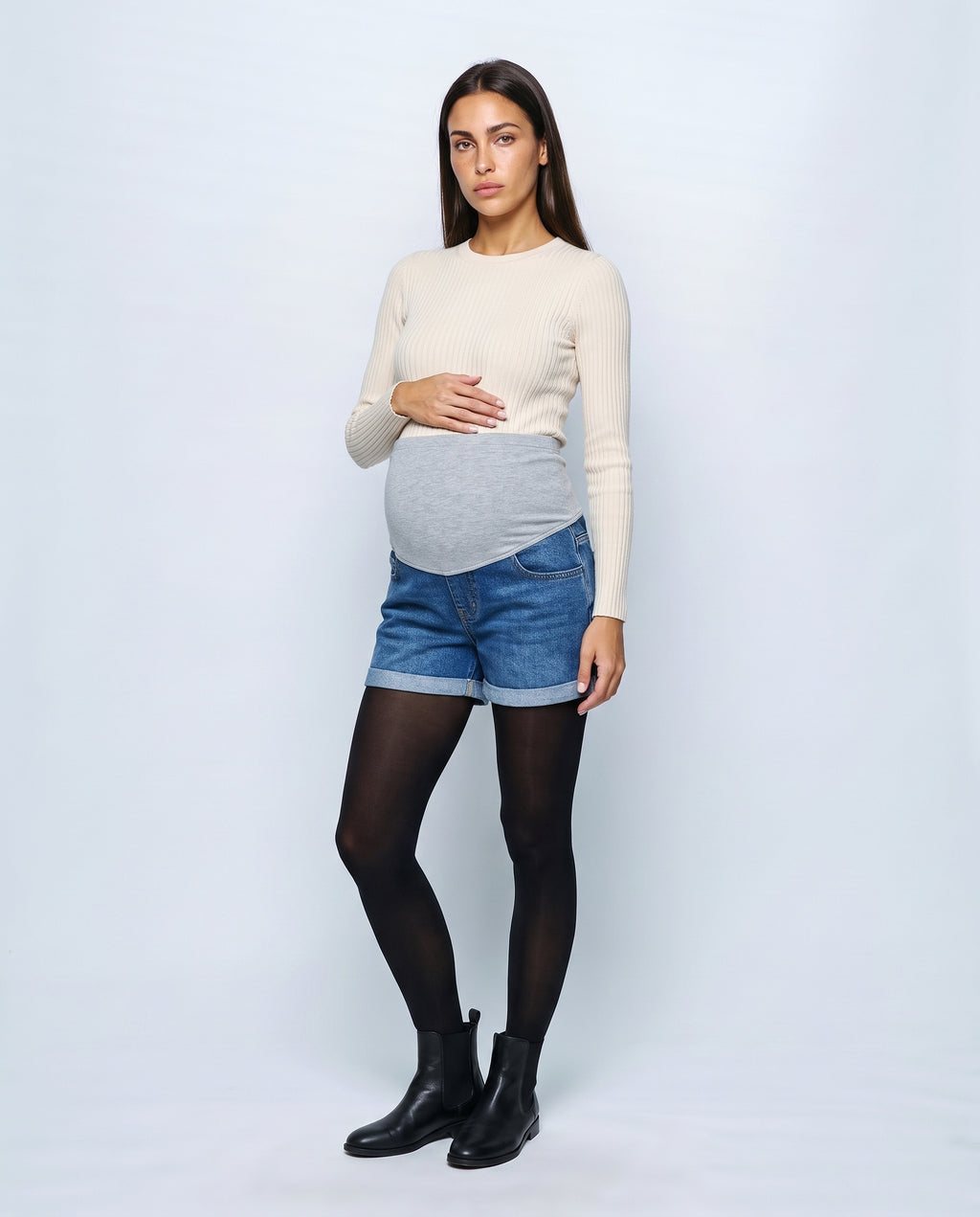 The Everyday Maternity Denim Shorts in Indigo denim, front view