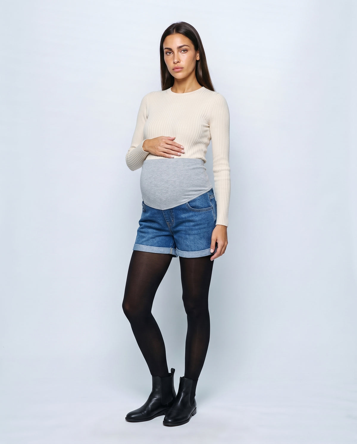 The Everyday Maternity Denim Shorts in Indigo denim, front view