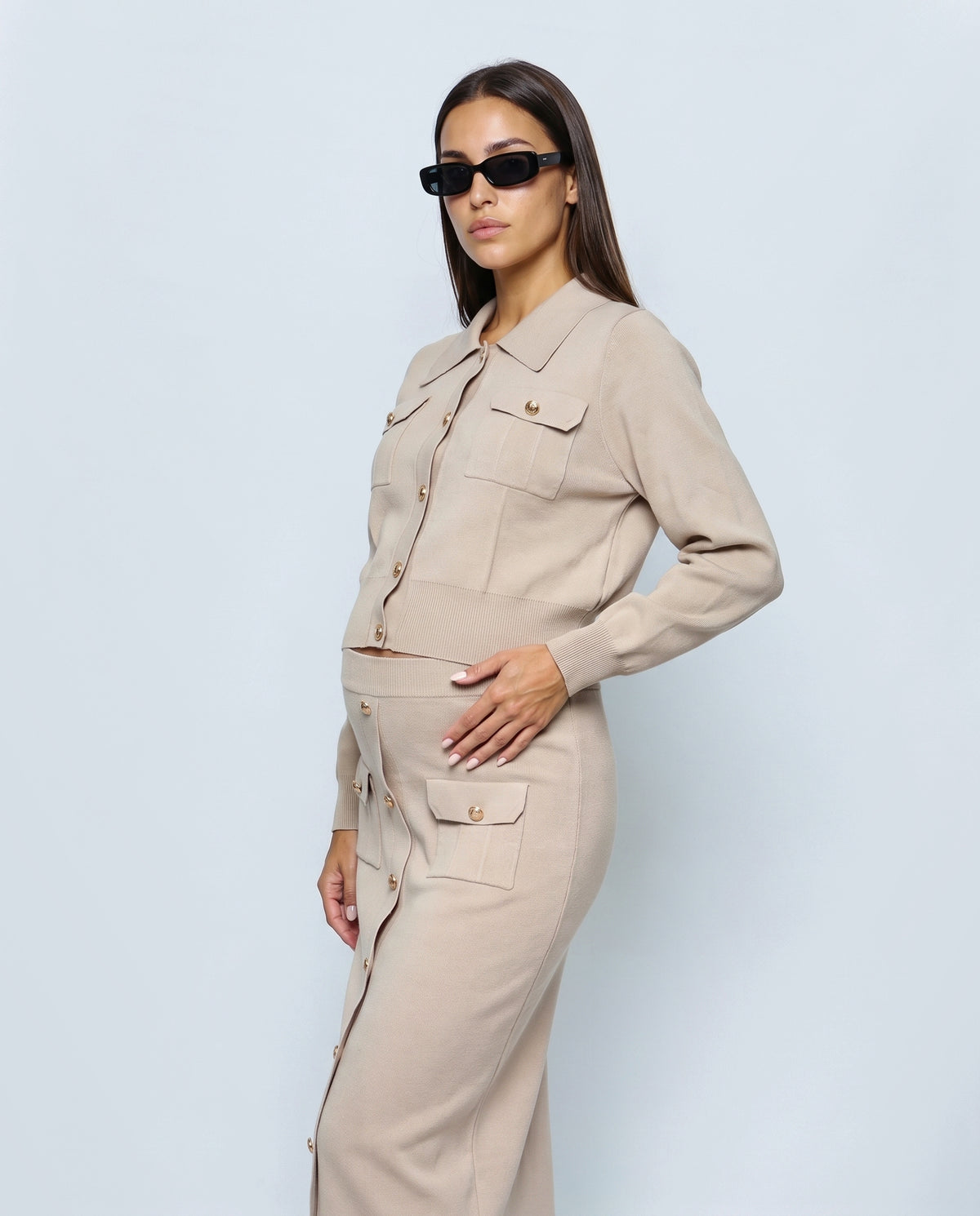 The Knit Blazer & Skirt Set in Khaki, side close-up