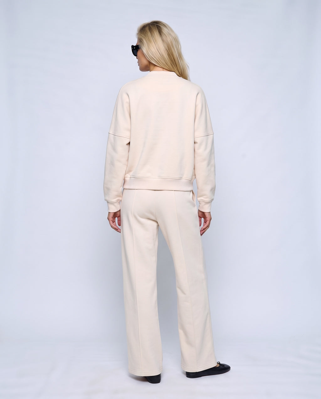 Noa Zip Jacket & Wide-Leg Set in Beige, back view on a non-pregnant model