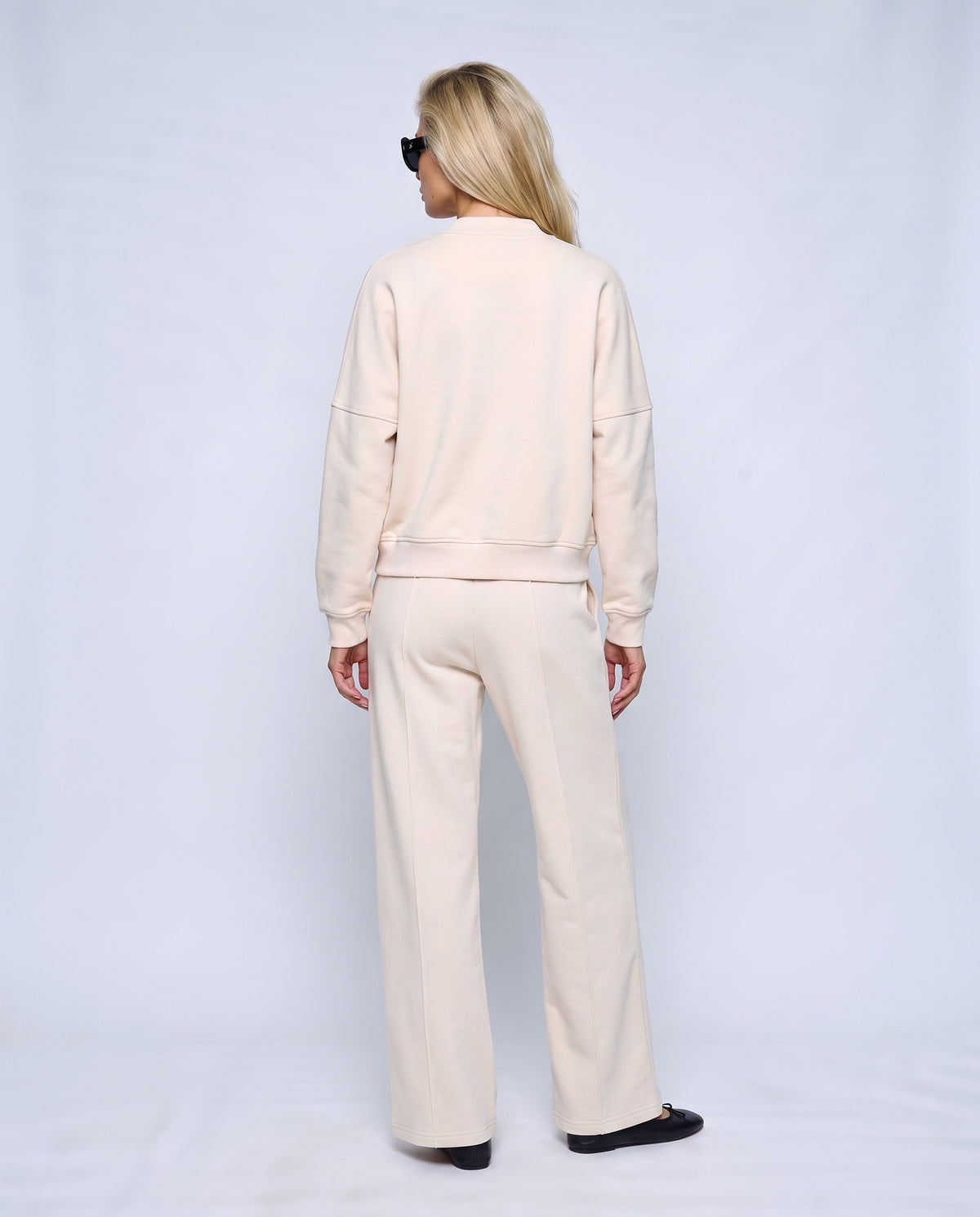 Noa Zip Jacket & Wide-Leg Set in Beige, back view on a non-pregnant model