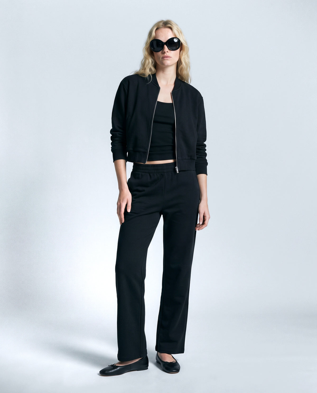 Noa Zip Jacket & Wide-Leg Set in Black, front view on a non-pregnant model