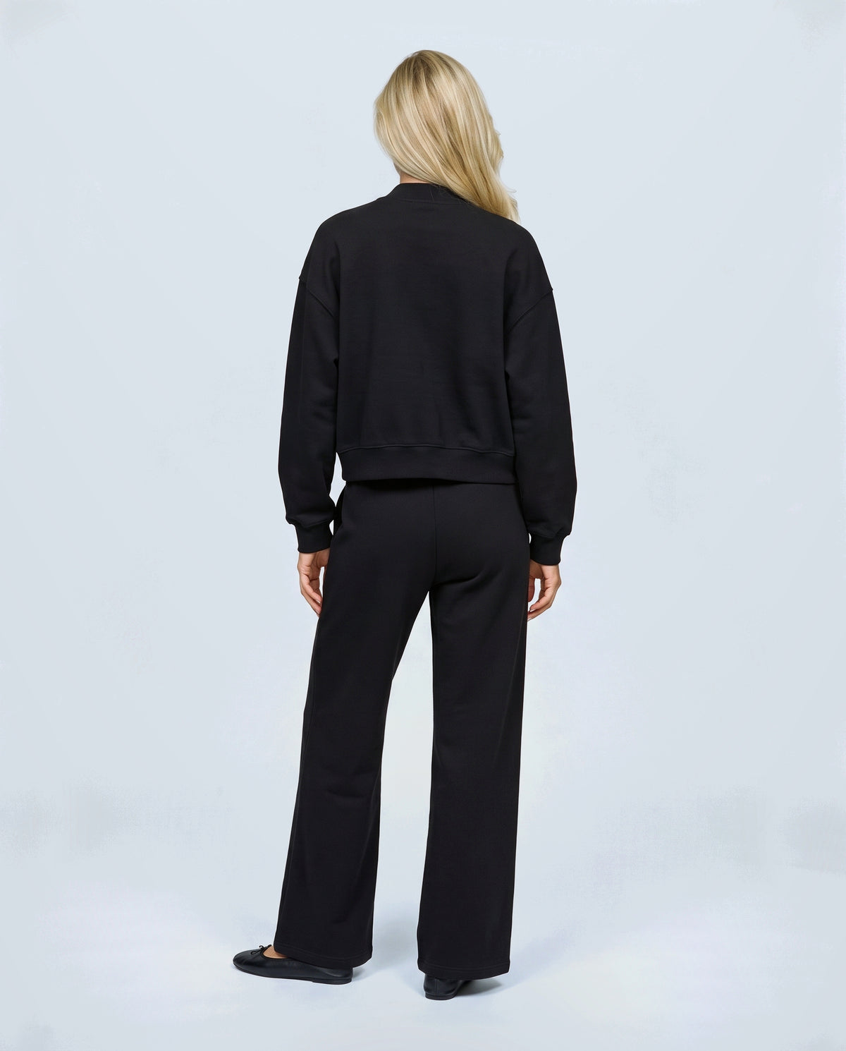 Noa Zip Jacket & Wide-Leg Set in Black, back view on a non-pregnant model