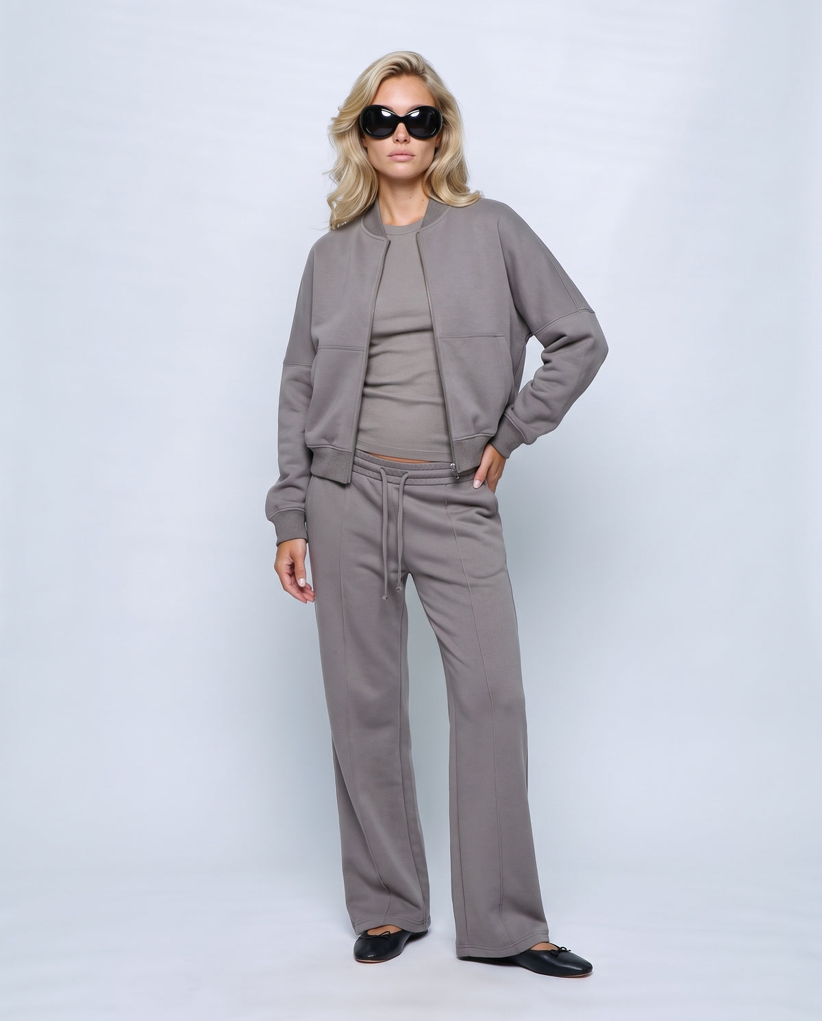 Noa Zip Jacket & Wide-Leg Set in Grey, front view on a non-pregnant model