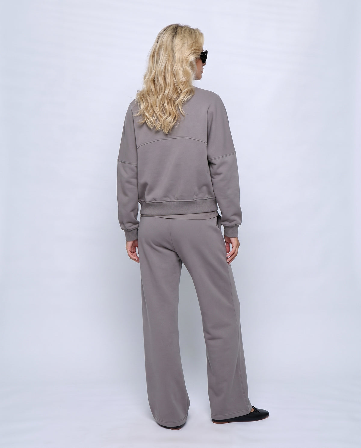 Noa Zip Jacket & Wide-Leg Set in Grey, back view on a non-pregnant model