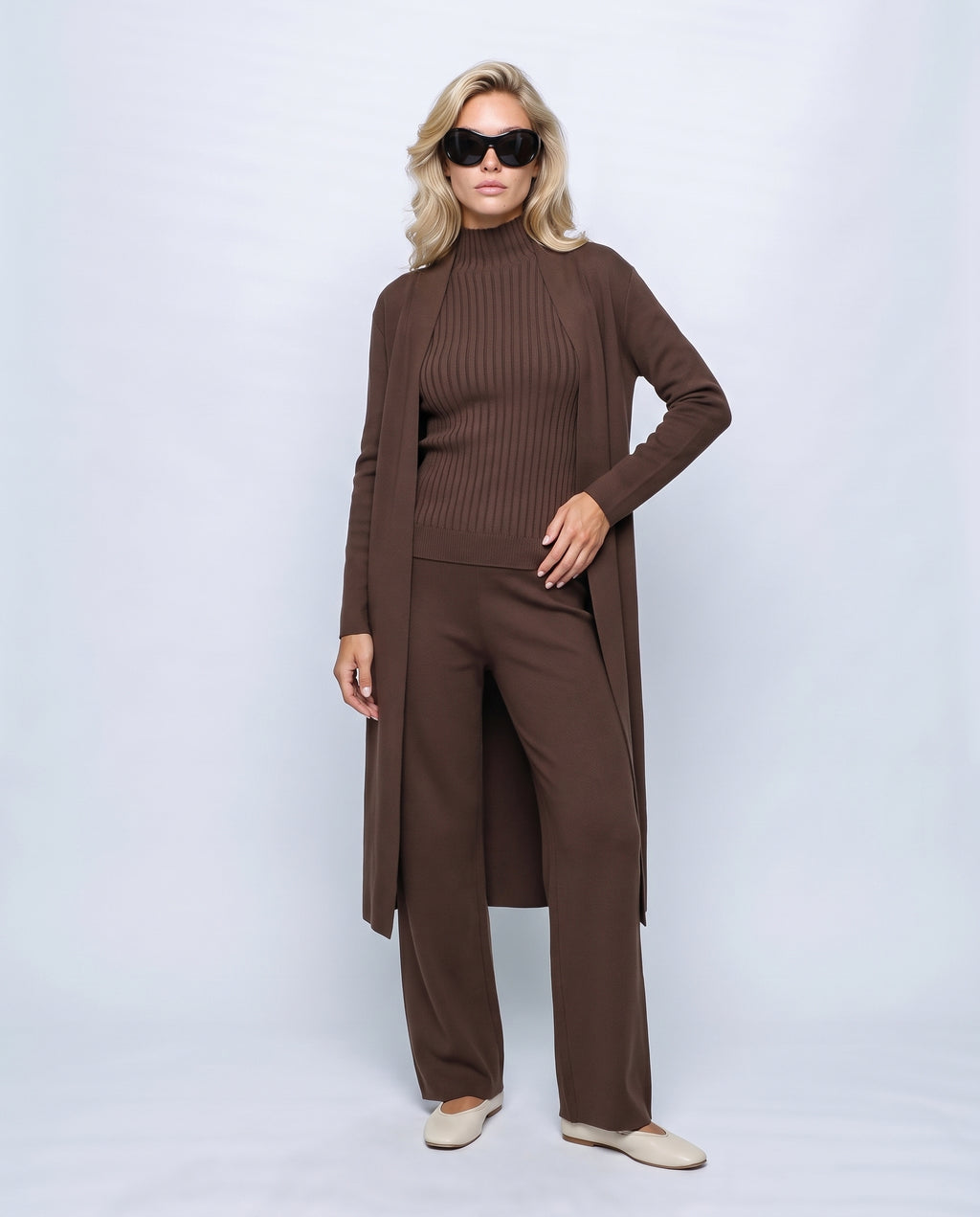 Colette Three-Piece Knit Set in Café brown, front view on a non-pregnant model
