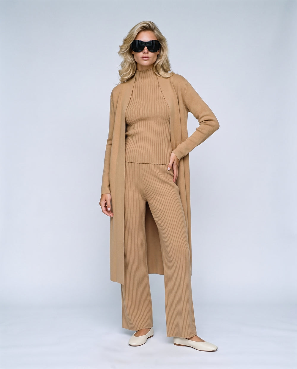 Colette Three-Piece Knit Set in Camel, front view on a non-pregnant model