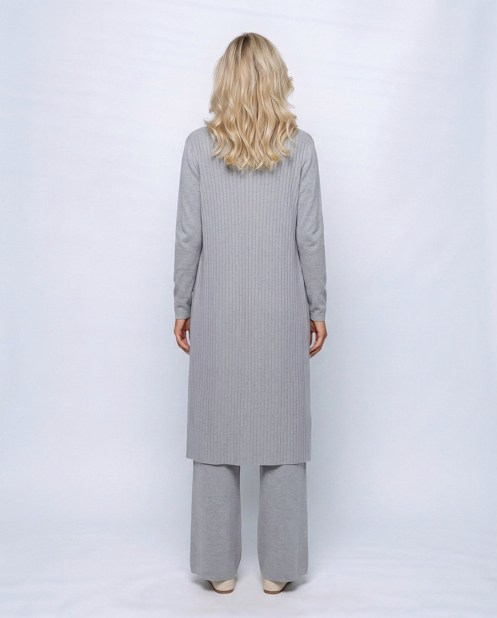 Colette Three-Piece Knit Set in Grey, back view on a non-pregnant model