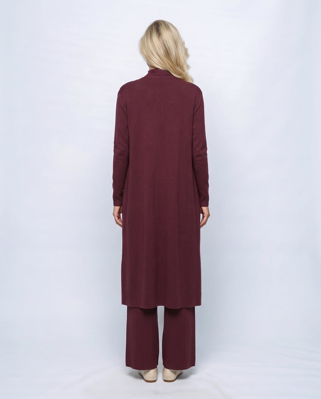 Colette Three-Piece Knit Set in Wine, back view on a non-pregnant model