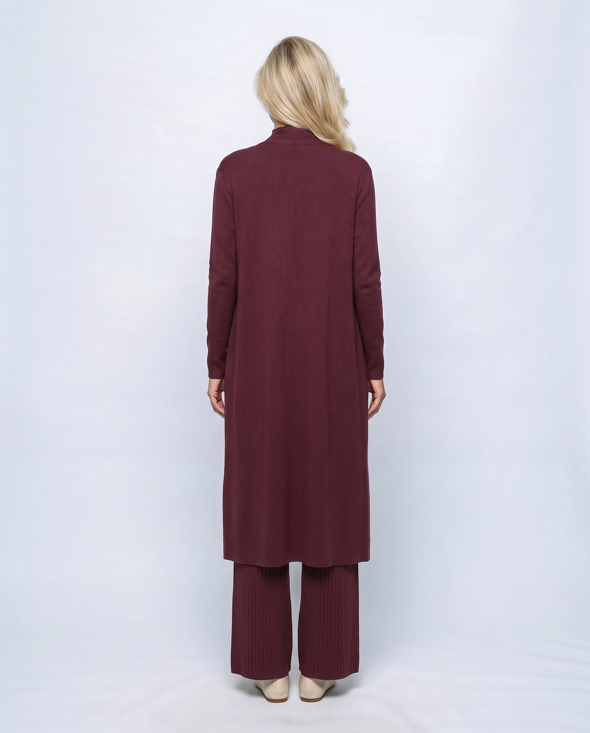 Colette Three-Piece Knit Set in Wine, back view on a non-pregnant model