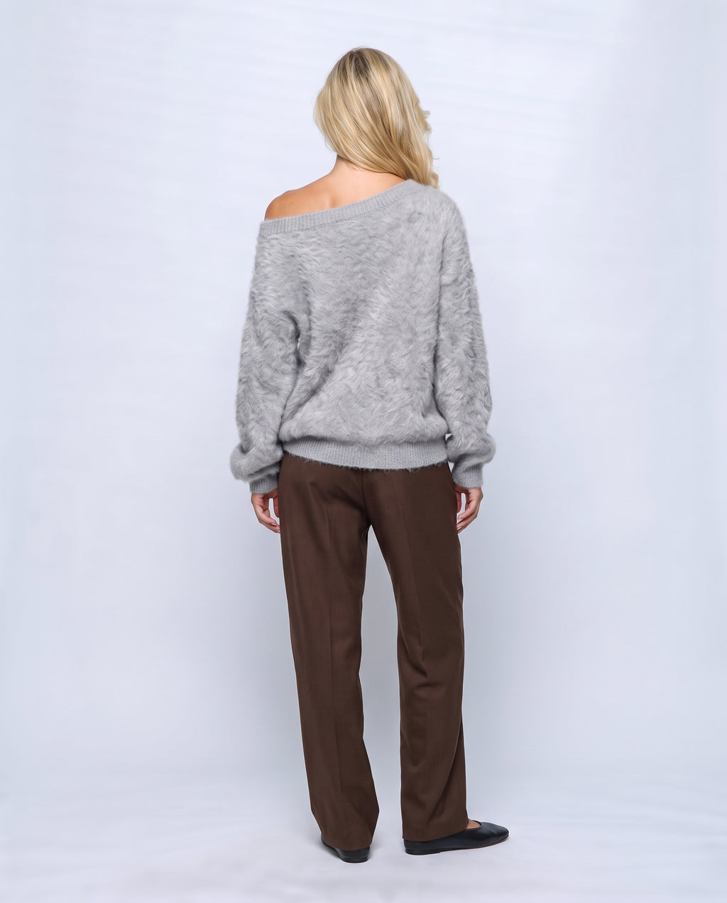 Estelle Off-Shoulder Sweater in Grey, back view on a non-pregnant model
