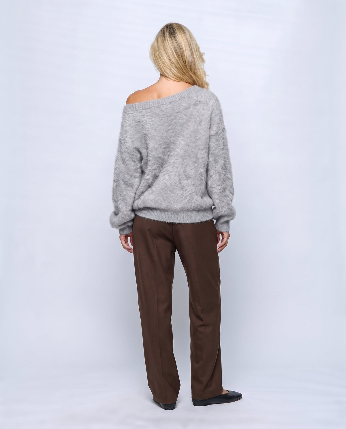 Estelle Off-Shoulder Sweater in Grey, back view on a non-pregnant model