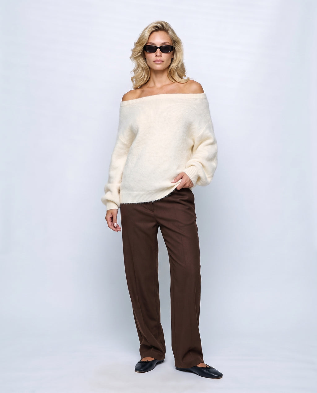 Estelle Off-Shoulder Sweater in Ivory, front view on a non-pregnant model