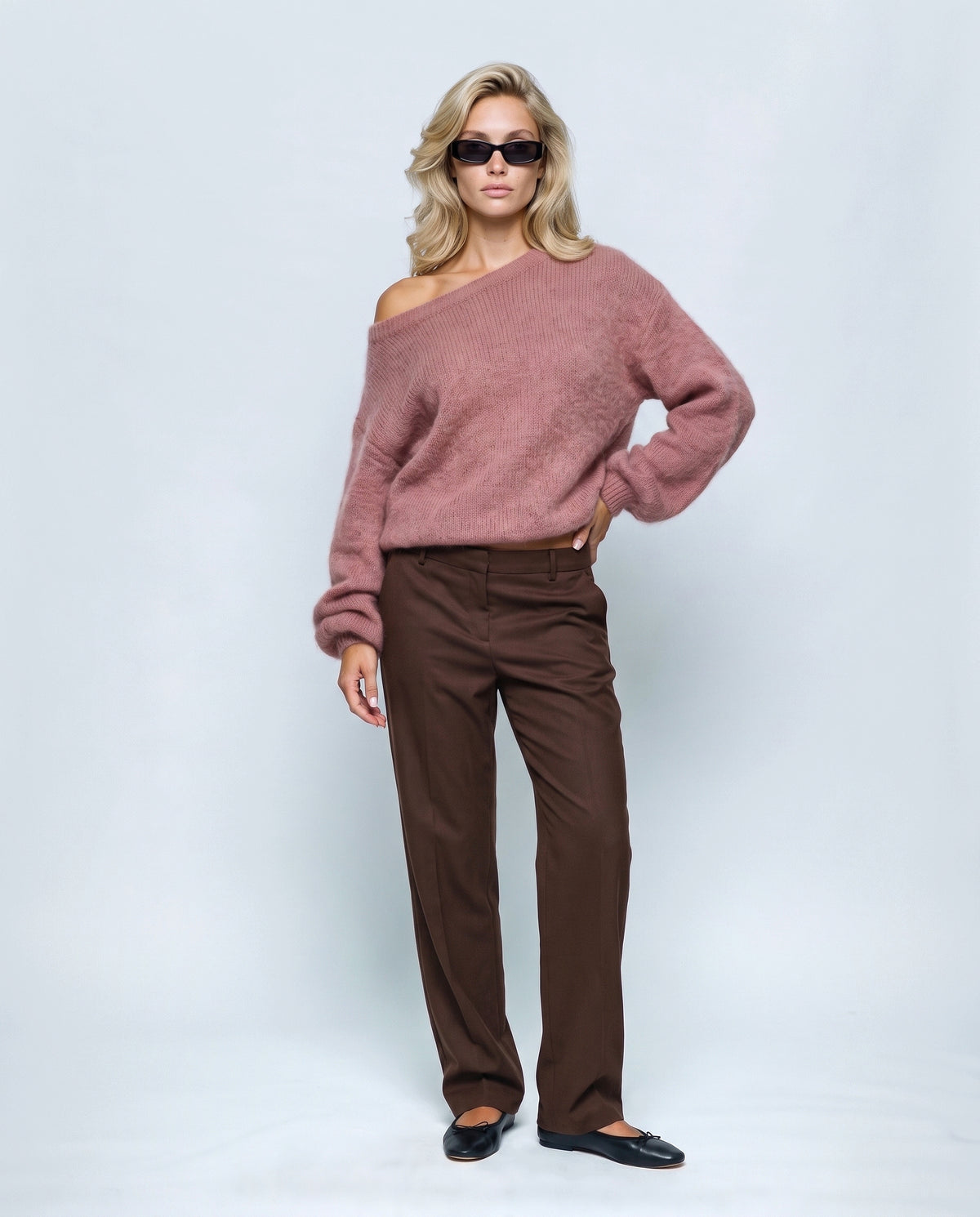 Estelle Off-Shoulder Sweater in Rose, front view on a non-pregnant model