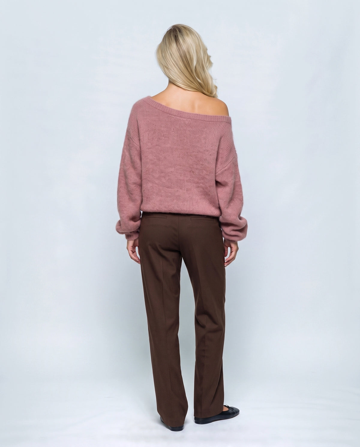 Estelle Off-Shoulder Sweater in Rose, back view on a non-pregnant model