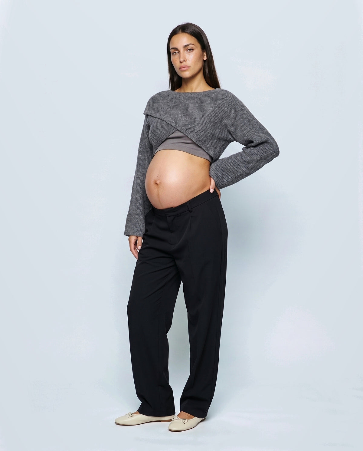 The Crossover Cropped Knit in Grey, front view