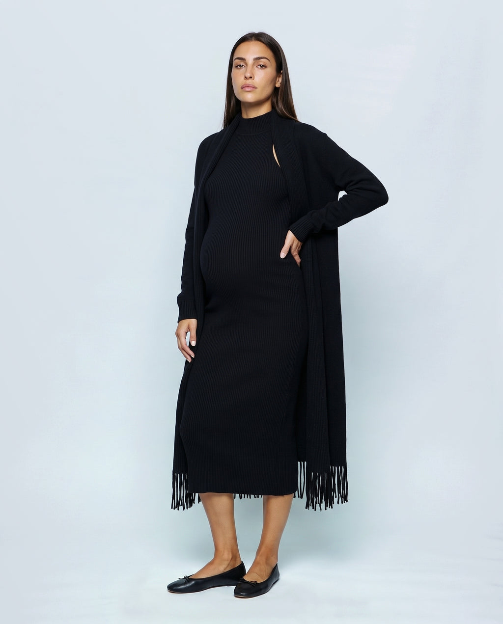 Odette Dress & Fringed Shawl Set in Black, front view