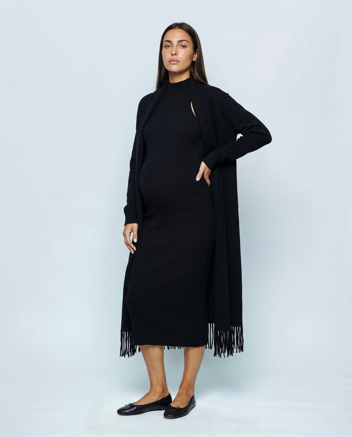 Odette Dress & Fringed Shawl Set in Black, front view