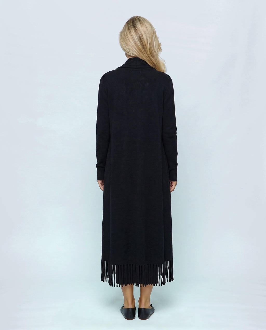 Odette Dress & Fringed Shawl Set in Black, back view on a non-pregnant model