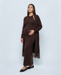 Odette Dress & Fringed Shawl Set in Brown, front view