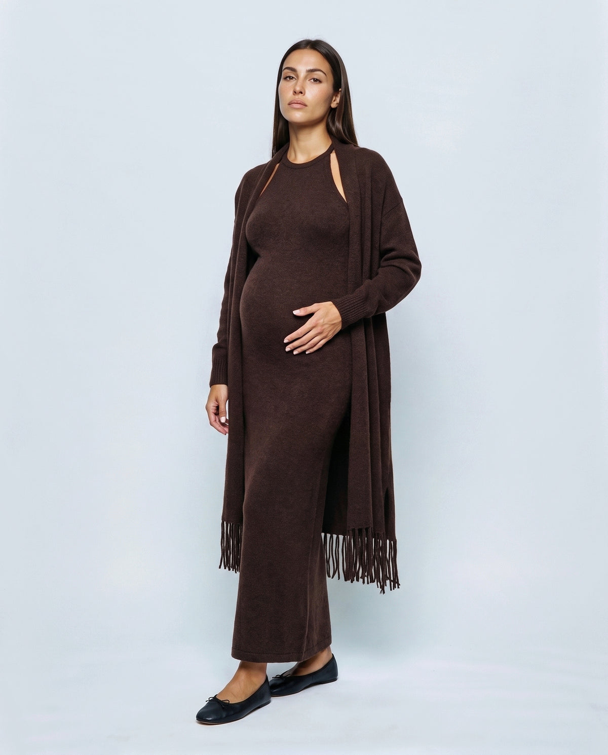 Odette Dress & Fringed Shawl Set in Brown, front view