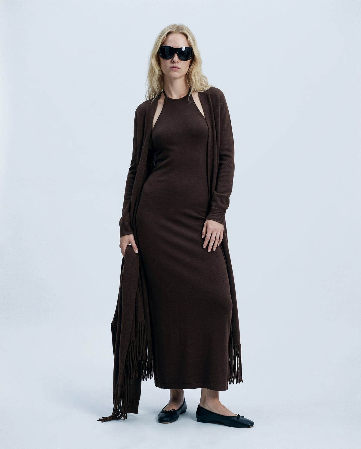 Odette Dress & Fringed Shawl Set in Brown, front view on a non-pregnant model