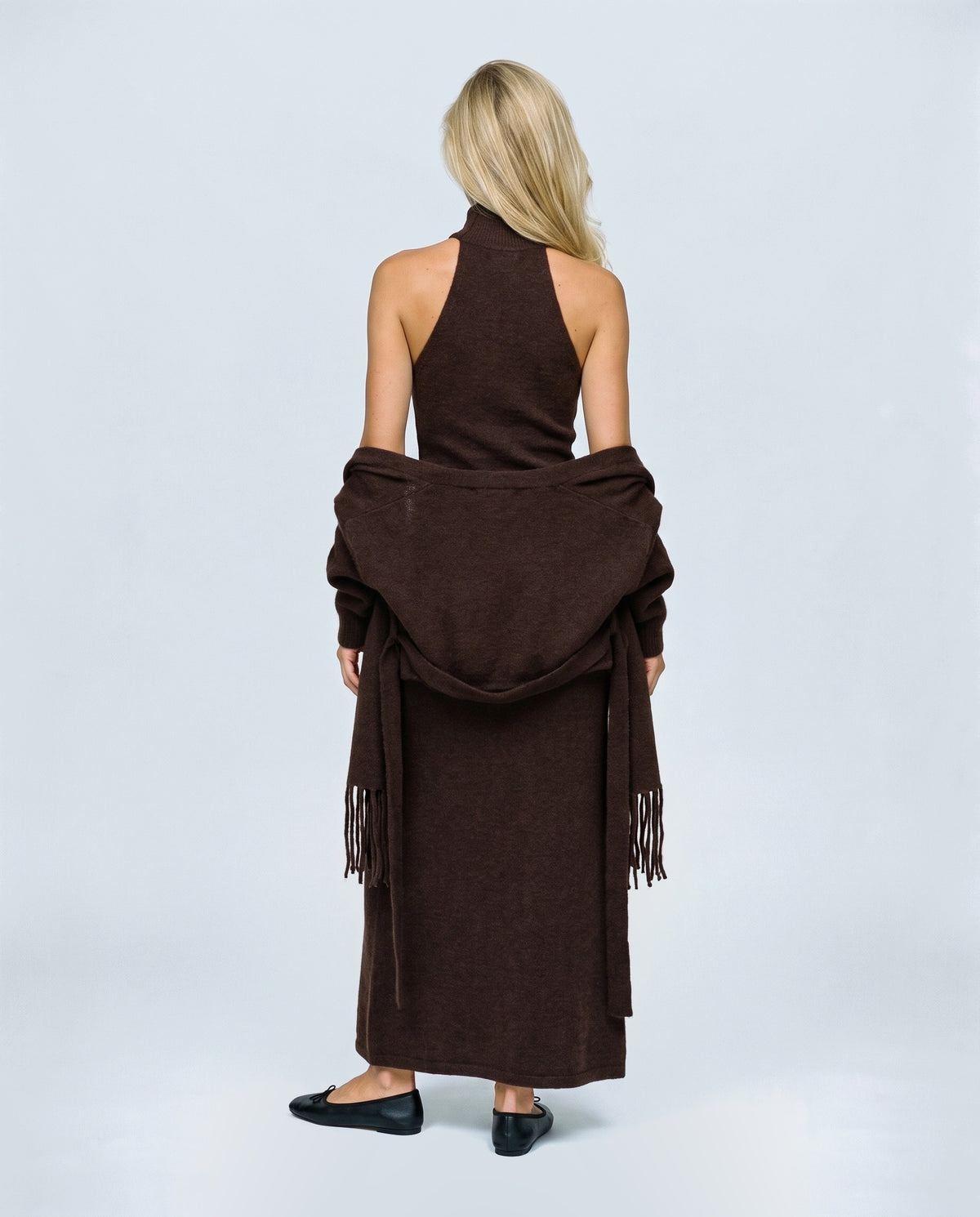 Odette Dress & Fringed Shawl Set in Brown, back view on a non-pregnant model