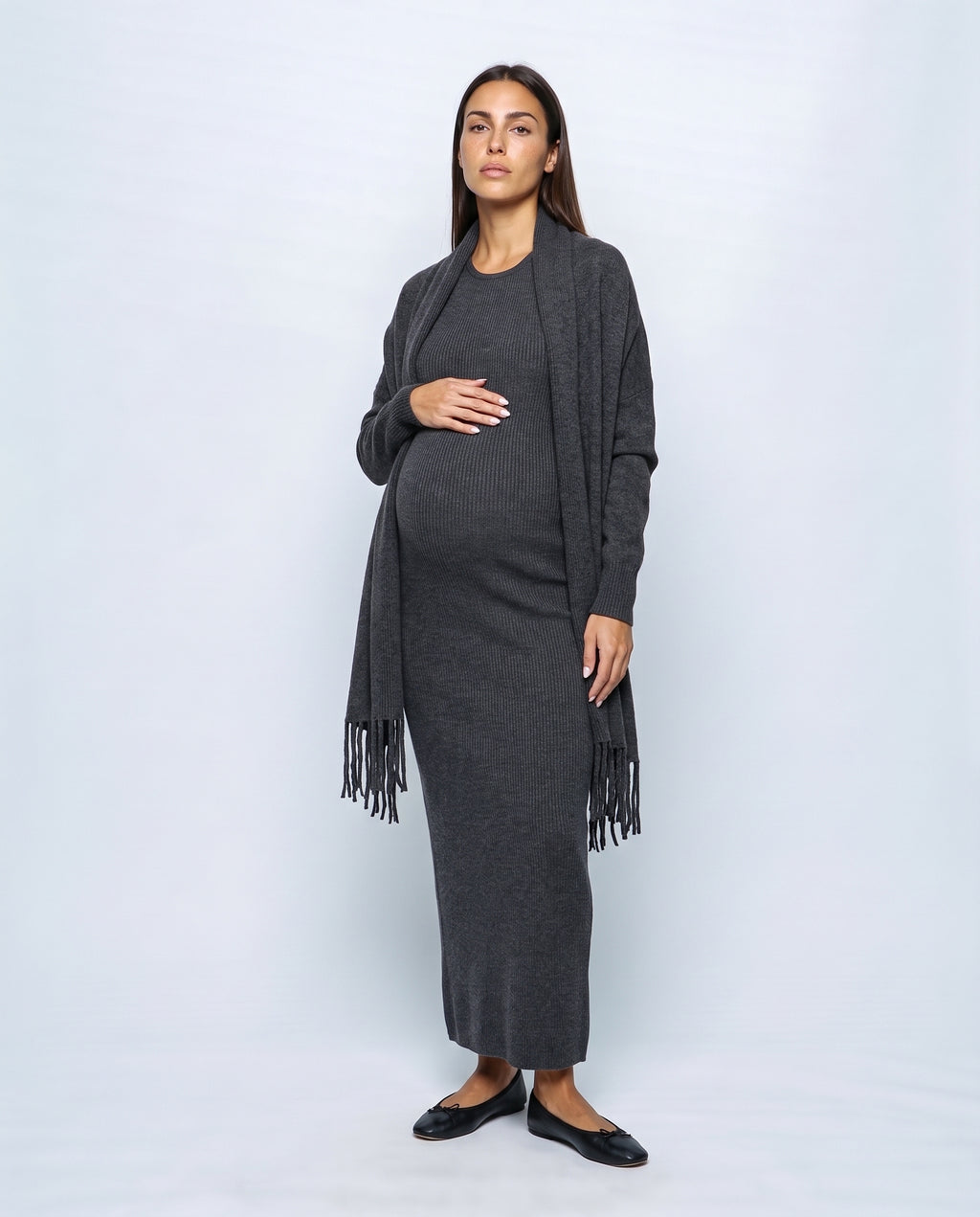 Odette Dress & Fringed Shawl Set in Charcoal, front view