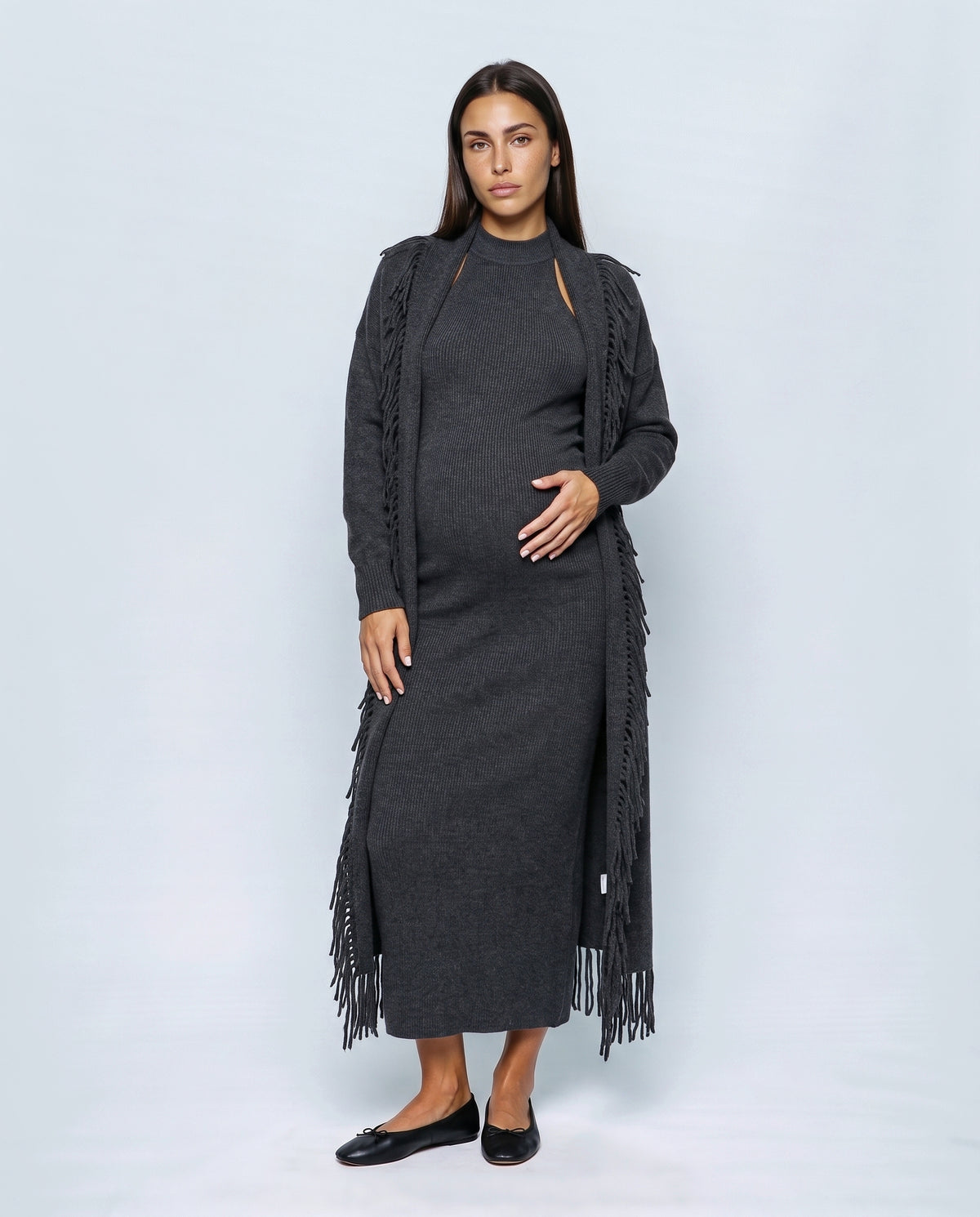 Odette Dress & Fringed Shawl Set in Charcoal, front view