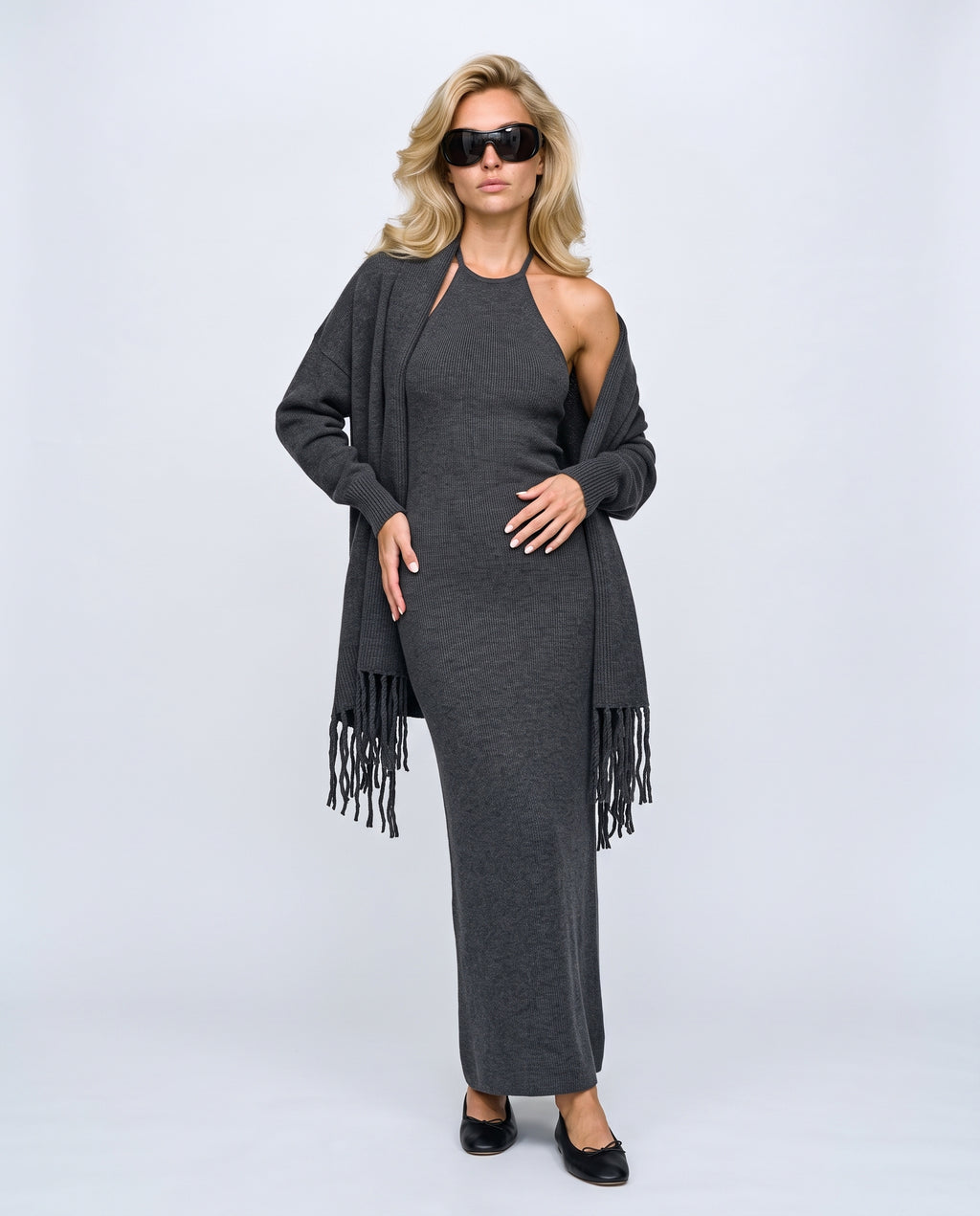 Odette Dress & Fringed Shawl Set in Charcoal, front view on a non-pregnant model