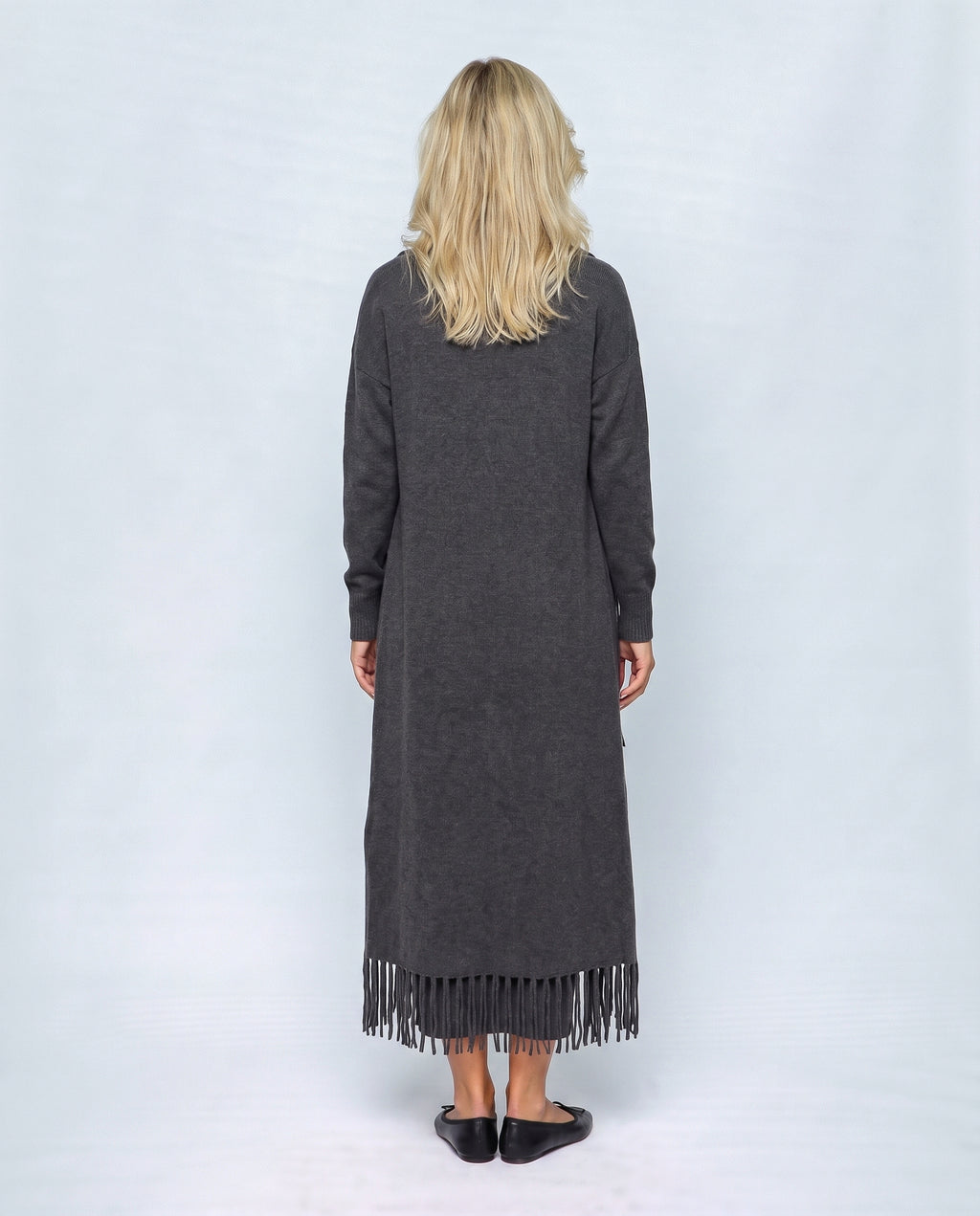 Odette Dress & Fringed Shawl Set in Charcoal, back view on a non-pregnant model