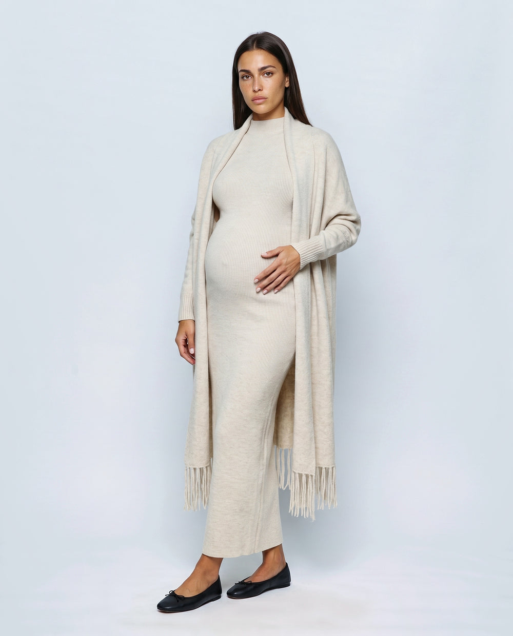 Odette Dress & Fringed Shawl Set in Oatmeal cream, front view