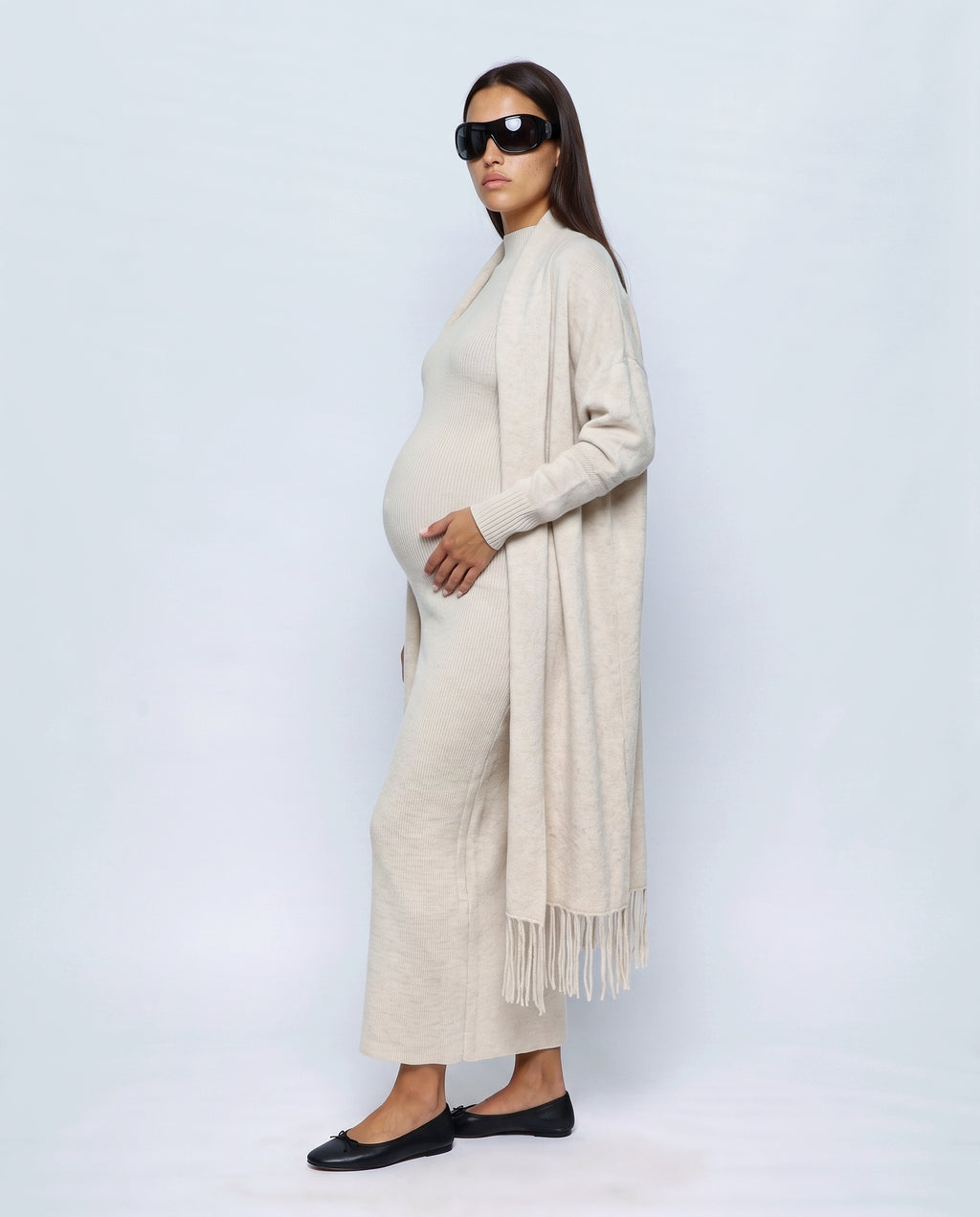 Odette Dress & Fringed Shawl Set in Oatmeal cream, side view