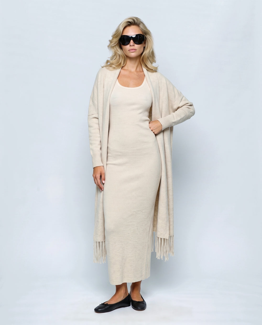 Odette Dress & Fringed Shawl Set in Oatmeal cream, front view on a non-pregnant model